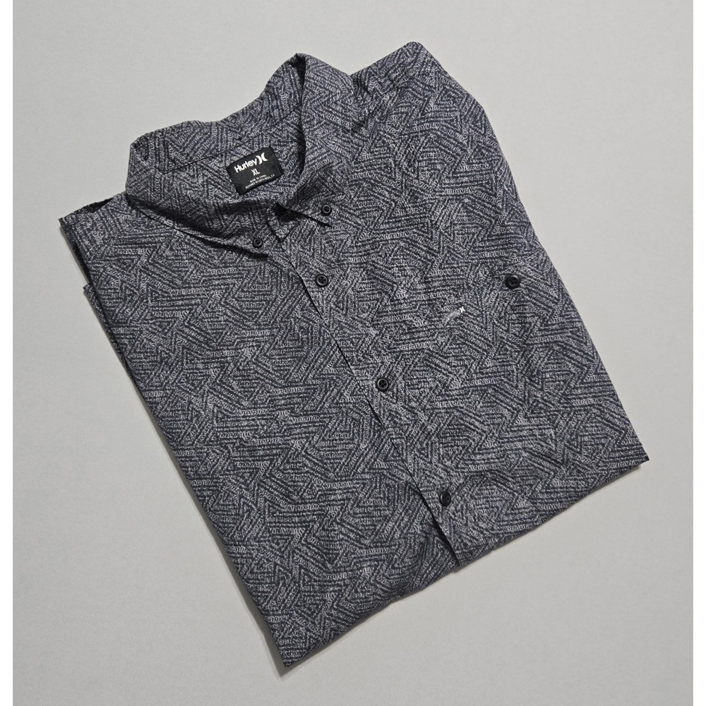 Hurley‎ Shirt Mens XL  Grey Geometric Pattern Button Down Cotton Short Sleeve